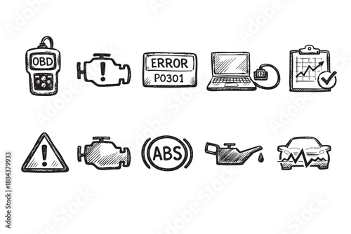 Hand-drawn car icons in black and white represent repair, maintenance, OBD, error codes, and ABS systems on a clean white backdrop.