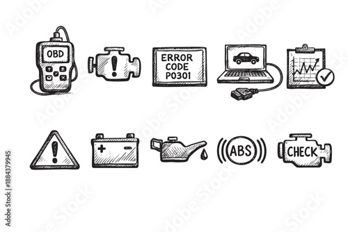 This vector illustration shows hand-drawn style icons for car diagnostics and troubleshooting, including engine check, error codes, OBD scanner, and ABS system, perfect for automotive repair content.