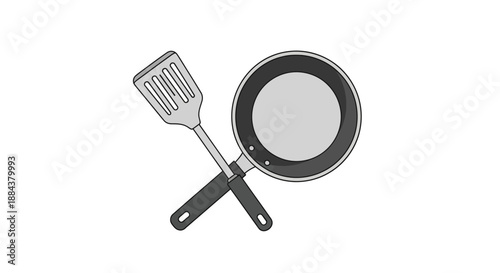 Simple illustration of a frying pan and spatula crossed on a white background