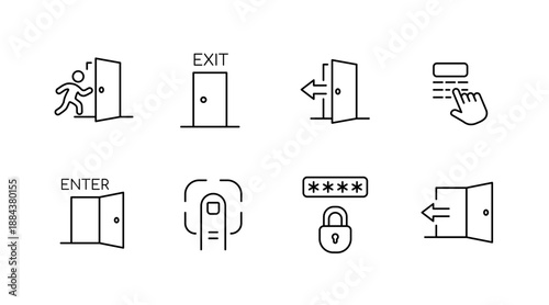 Exit and enter icons: door signs, fingerprint, password, hand gesture symbols