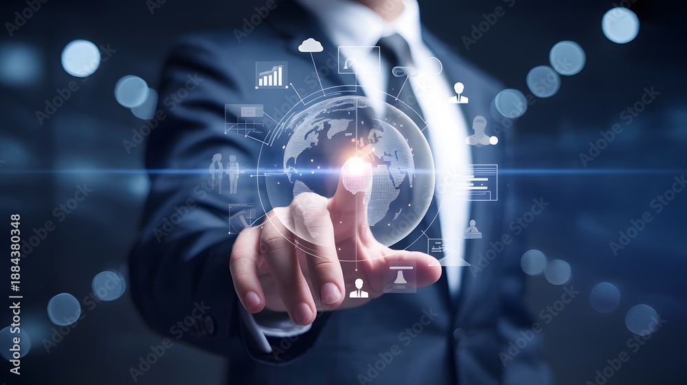 Fototapeta premium A businessman interacts with a digital interface showcasing global connectivity and futuristic technology in a professional setting