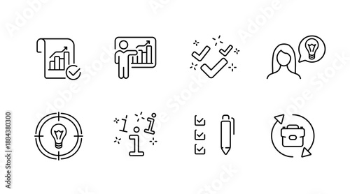 Line icons: business presentation, checklist, consultation, innovation, goals, task management