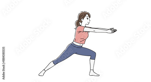 Young woman performing a Warrior II yoga pose with outstretched arms, promoting fitness and well-being