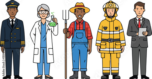 Diverse group of professionals in distinct uniforms and attire.