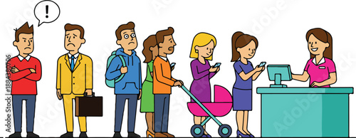 Diverse People Waiting in Line at Counter.