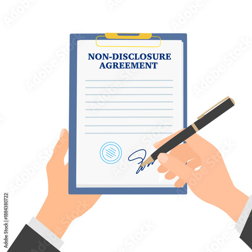 Person signs NDA contract holding clipboard in hand. non-disclosure agreement concept, secret files