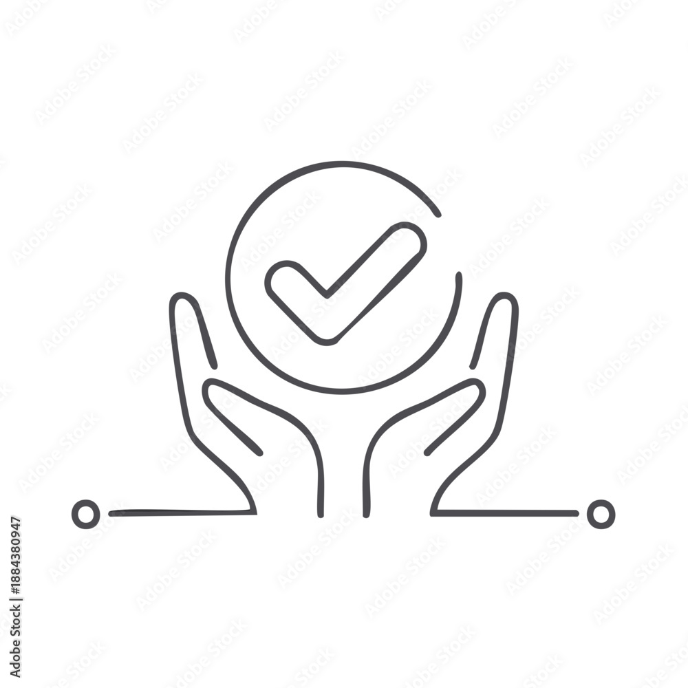 Obraz premium Hands holding check mark symbol or icon offering approval confirmation or protection concept line art
