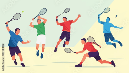 Group of men playing tennis on a court together.