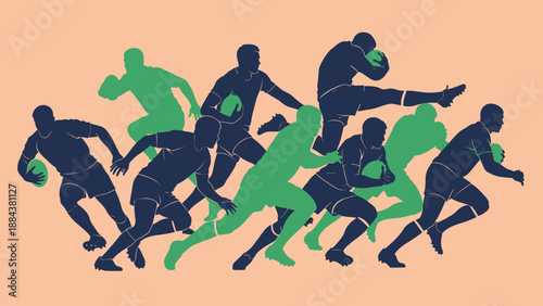 Group of rugby players in action running with the ball.