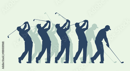 Golf swing sequence of a golfer in dark blue silhouette.