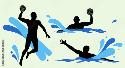Silhouettes of water polo players in action with splashing water.