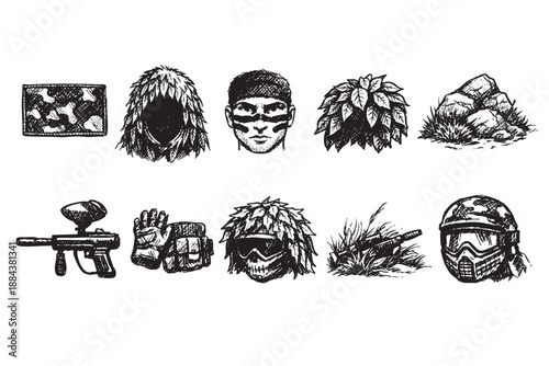 A vector illustration featuring various paintball gear and camouflage elements, drawn in a sketchy style for a unique and tactical design.