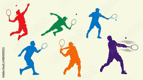 Colorful silhouettes of tennis players in action on a light background.