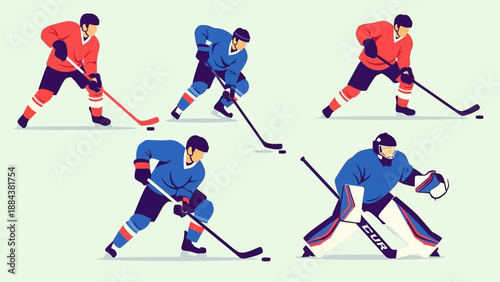 Hockey players in action on ice rink with sticks and equipment.