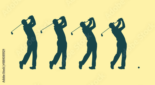 Golfer silhouettes in various swing positions against a yellow background.