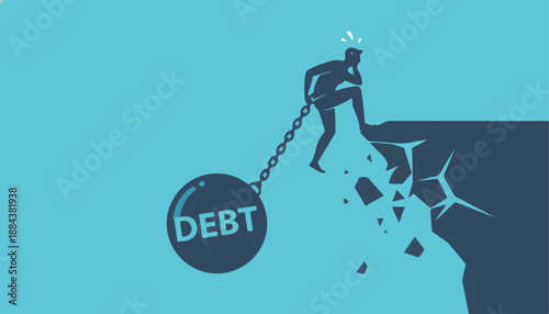 Man chained to debt ball teetering on cliff edge.