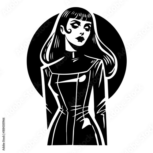 Girl portrait in circle. Concise portrait of a young woman with dark hair inside a geometric circle. Modern graphic style.