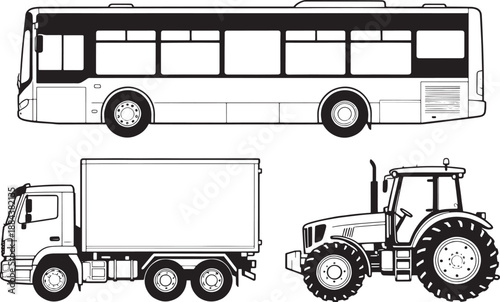 Illustration of various vehicles: bus, truck, and tractor, showcasing their design, suitable for transportation-related projects.