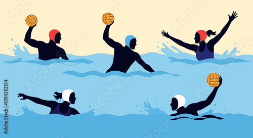 Women playing water polo in a competitive swimming pool.