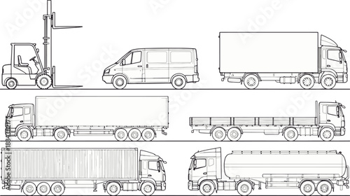 Collection of varied transport vehicles, offering a comprehensive representation of transportation. Includes a forklift, van, cargo trucks, and tanker trucks for transportation solutions. 