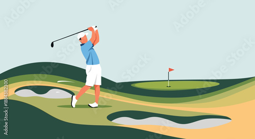 Man playing golf on a green course with sand bunkers.