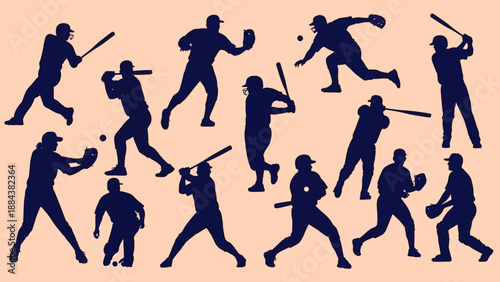 Silhouettes of baseball players in various dynamic poses.