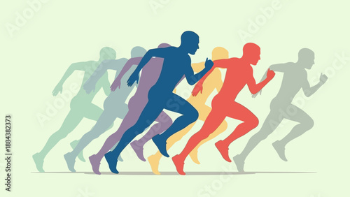 Group of runners in motion, dynamic illustration of athletes running together.