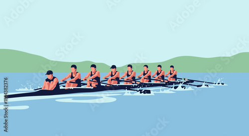 Group of rowers in a boat on a serene lake with hills in the background.