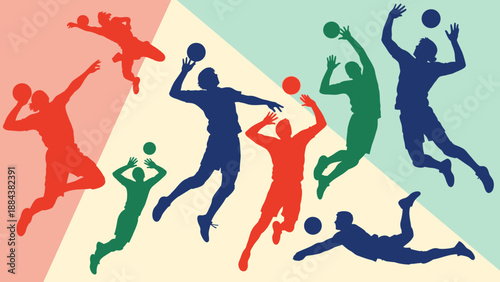 Colorful silhouettes of people playing basketball in mid-air.