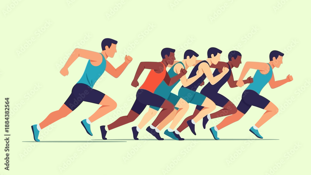 Fototapeta premium Group of male athletes running together in a competitive race.