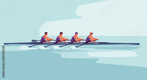 Three rowers in a boat on calm water.