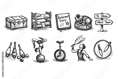 Black and white hand-drawn circus themed vector illustration with a trunk, bed, diary, show sign, makeup bag, juggling items, acrobat, unicycle, showman, knife thrower.