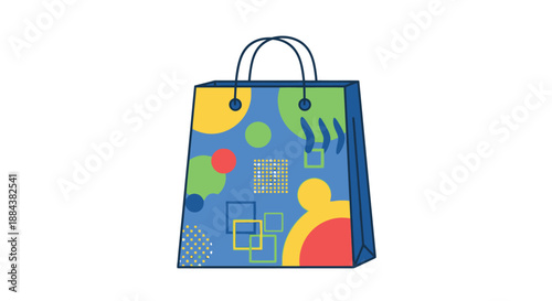 Colorful gift bag with playful geometric patterns and handles, perfect for presents and shopping.