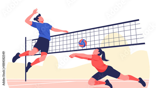Volleyball players in action during a competitive match.