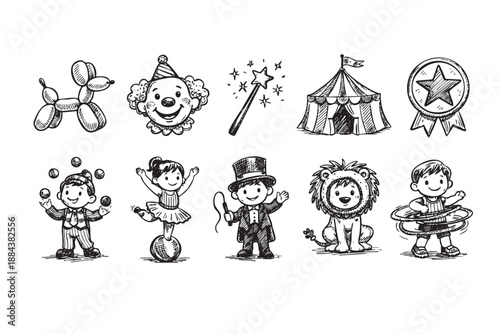 Hand-drawn sketch illustrations feature various circus characters and elements: balloon dog, clown, magic wand, circus tent, award ribbon, juggler, ballerina, magician, lion, and hula hoop boy.