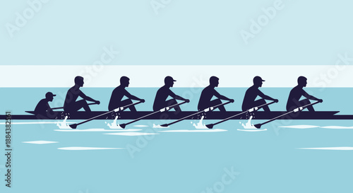 Rowing Team Silhouettes on Calm Water.