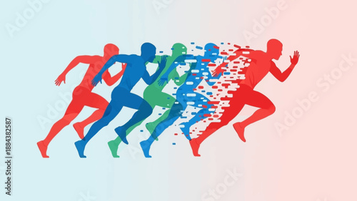 Colorful silhouettes of runners in motion against a gradient background.