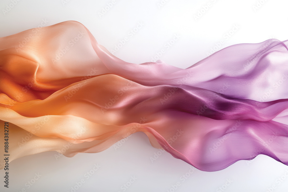 Fototapeta premium This mesmerizing image showcases a beautiful blend of flowing translucent fabrics in shades of orange, pink, and purple, evoking feelings of harmony and tranquility.