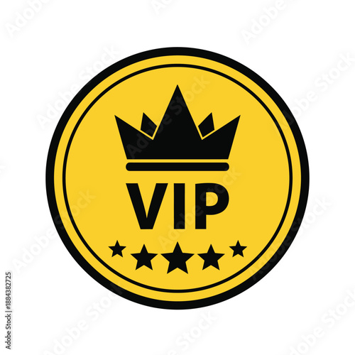 Golden Yellow VIP Icon with Crown and Stars, Flat Vector Illustration for Exclusive Access, Premium Service, and Special Membership.