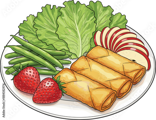 Plate of crispy spring rolls with fresh green beans, strawberries, apple slices, and lettuce leaves, healthy appetizer food illustration isolated on white background