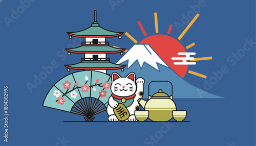 Japanese Lucky Cat with Tea Set and Fan.