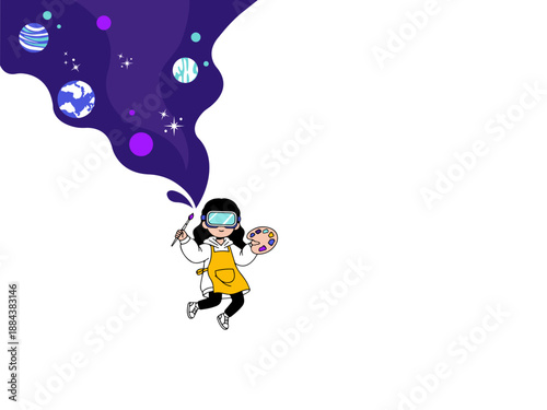 Child Wearing VR Headset Pointing at Space for Future Education, Virtual Reality Learning, Metaverse Kids, STEM Education, Digital and Immersive Learning Illustration