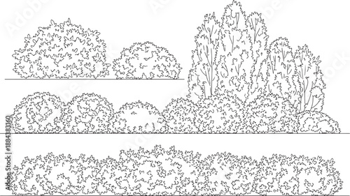 Architectural illustration of various sculpted topiary bushes, showcasing the beauty of landscape design.