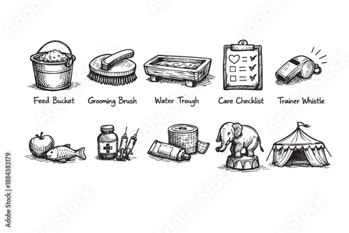 A set of hand-drawn animal care icons, including a feed bucket, grooming brush, water trough, care checklist, trainer whistle, and more.