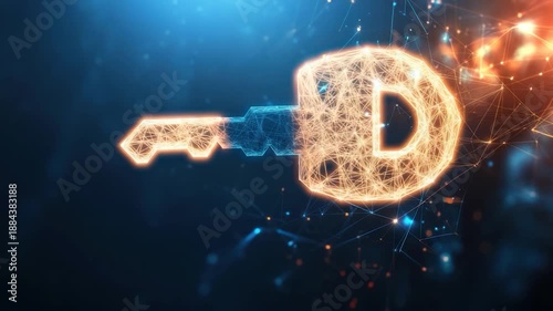 A digital key rendered in glowing lines against a dark blue backdrop, suggesting technology and access