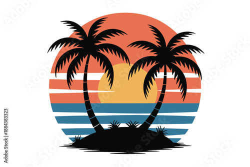 A serene tropical island at sunset with palm trees silhouetted against a vibrant sky