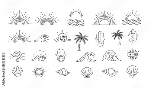 Minimal boho surf and ocean line symbol vector collection