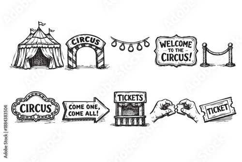 Hand drawn circus icons illustration showing a tent, ticket booth, garland, ticket, and signs on white. Great for circus or fair themes.