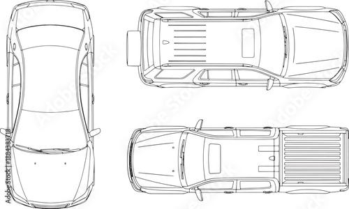 Overhead Views of a Modern Automobile: Depicting detailed top-down blueprints of a modern car, the images showcases the vehicle's design and structural elements.