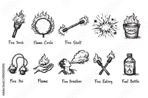 Black and white illustration showing different elements for fire performance: torch, poi, eating, breathing, suitable for safety manuals, event planning, or tutorials.